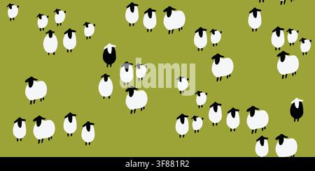 Seamless pattern featuring minimalist white sheep grazing on a grassy green background with a few black sheep scattered throughout. Modern Scandinavian farmhouse design inspired by peaceful countryside landscapes, perfect for nursery fabrics, quilting, home textiles and childrens decor. hand drawn vector file. Stock Vector
