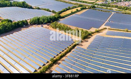 Aerial view of a large scale solar farm generating renewable energy in the UK Stock Photo