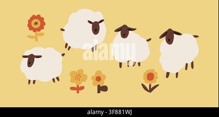 Cute sheep clipart collection featuring four minimalist lambs and simple flowers in a modern Scandinavian style on a soft pastel yellow background. Perfect for nursery projects, baby products, farm-themed designs, stickers, childrens crafts and educational materials. hand drawn vector file. Stock Vector