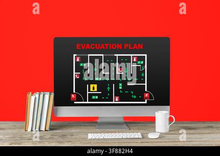 Emergency evacuation plan displayed on a computer screen with clear pathways and exits for safety Stock Photo