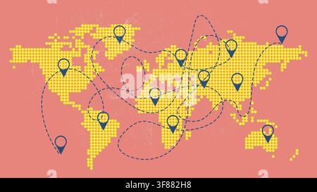 Travel map showing various destinations around the world with paths connecting different locations Stock Photo