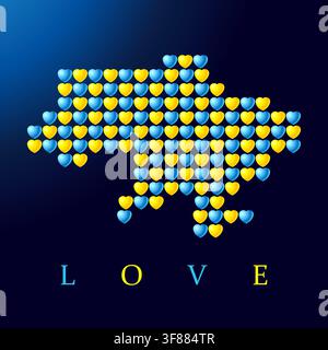 Love Ukraine, creative concept with map made of hearts. Vector wallpaper - Ukrainian map with heart pattern and text "Love" Stock Vector