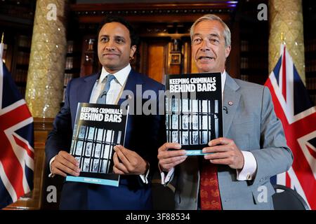 London, UK. 10th Aug, 2026. Reform UK leader Nigel Farage (R) and Reform UK home affairs spokesperson, Zia Yusuf hold documents at a press conference setting out plans to remove foreign nationals from British prisons in a bid to ease overcrowding (Photo by Dinendra Haria/SOPA Images/Sipa USA) Credit: Sipa USA/Alamy Live News Stock Photo
