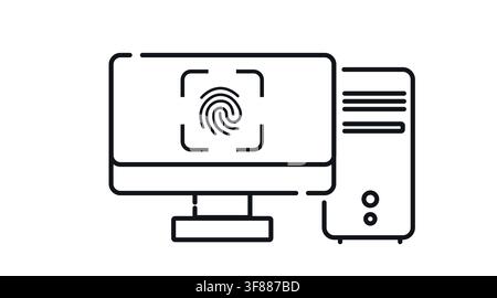 Desktop computer tower and monitor with fingerprint scan symbol on screen vector icon. Stock Vector