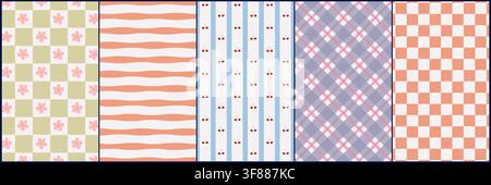 Dopamine coquette background set with colorful gingham patterns floral accents and playful ribbons. Hand drawn seamless designs bring a cute vintage Stock Vector
