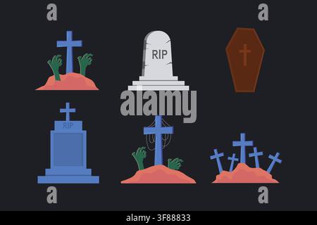 Spooky Graveyard Tombstone and Coffin Halloween illustration Set Stock Vector