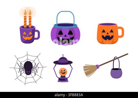 Halloween Decoration Element Set with Pumpkin Basket and Broom Stock Vector