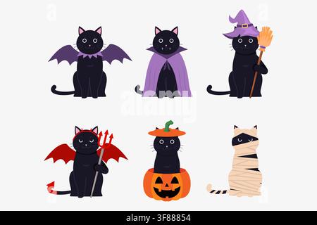 Cute Black Cat Costume Halloween Vector Element Collection Stock Vector