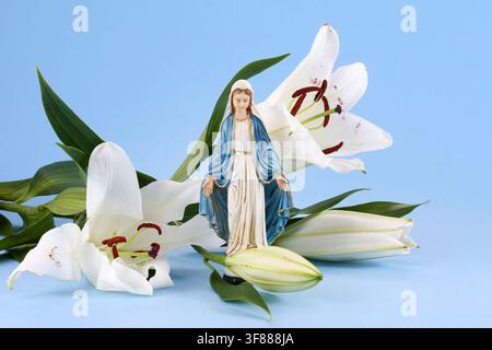 Virgin mary statue with white lilies on blue background Stock Photo