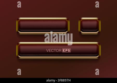 Stylish 3D glossy red buttons with golden metallic frames, offering a premium UI element. Vector illustration Stock Vector