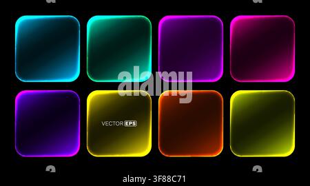 Vibrant neon glowing rounded squares set on a dark background. Modern abstract colorful UI elements. Vector illustration Stock Vector