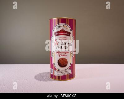 SOUTH TANGERANG, INDONESIA - 7th Aug, 2026: A tin of Hampton Almond Chunck standing upright on textured white surface against a plain background Stock Photo