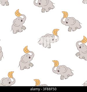 Vector seamless background featuring cute elephants and bananas Stock Vector