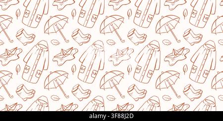 Seamless fall season pattern with raincoat umbrella boot and paper boat. Rain autumn weather element line art style. illustration for background Stock Vector