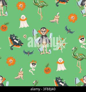 Halloween Tropical Seamless Pattern with Surfing Vampire Ghosts Palm Trees and Spooky Vacation Stock Vector