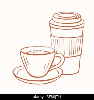 Coffee cup and disposable takeaway paper mug in line art style for beverage menu or cafe branding. Minimalist hot drink symbol illustration. Vector Stock Vector