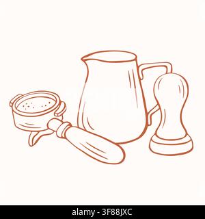 Coffee espresso set with portafilter pitcher and tamper in line art style. Barista accessory equipment. Minimalist cafe drink preparation tools Stock Vector