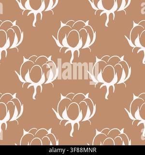 Seamless pattern with hand drawn white cotton plant flower on brown background. Organic botanical texture for textile, fabric, wallpaper, packaging Stock Vector