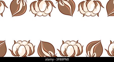 Cotton frame with soft fluffy flower buds and plant pods. Organic nature border for text banner. Flat style floral decoration. Vector illustration for Stock Vector