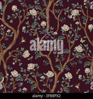 Chinoiserie Floral Seamless Pattern with Branches Birds Blossoms Butterflies and Elegant Oriental Garden Stock Vector