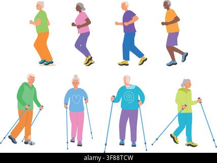 Athletes runners and nordic walker set. Elderly people in bright modern comfortable clothes doing sports. Flat vector illustration Stock Vector