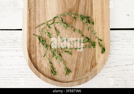 Polygonum arenastrum, commonly known as equal-leaved knotgrass or common knotweed. Herbal plant branches on wood board background. Stock Photo