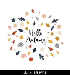 Hello Autumn seasonal card design with handwritten typography framed by a circular wreath of falling leaves on white background. Modern flat vector Stock Vector