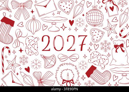 Christmas 2027 card or banner line art with Christmas tree ornaments, wreath, bow, gift and stocking, snowflake for seasonal decor Stock Vector