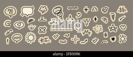 Scrapbook UI Symbols Cutouts Collage Element Sticker Set. Hand Drawn Paper Cut with Doodle Sketch Interface Icons, Speech Bubble, Arrow and Signs. Iso Stock Vector