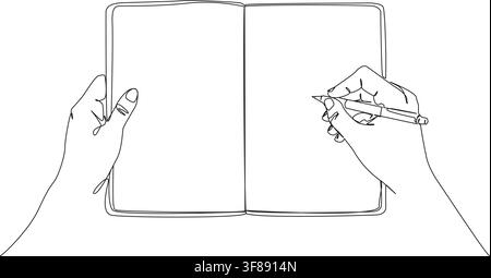 continuous line drawing of hands holding an open blank notebook and writing with a pen, journaling, education, planning or writing, line art vector Stock Vector