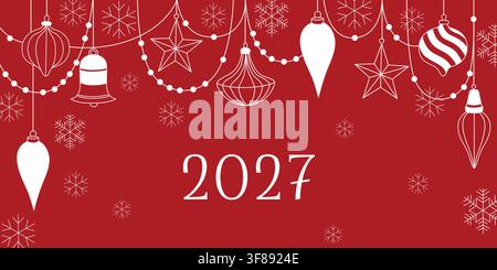 Hand-drawn New Year 2027 card or banner line art with Christmas tree ornaments, baubles and snowflakes and bell for seasonal decor Stock Vector