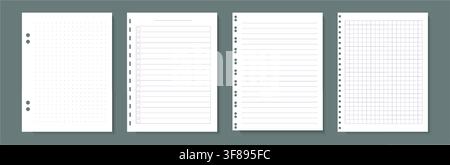 White texture paper background set with blue grid line and dot pattern. Realistic notebook note to do page design for school education craft scrapbook Stock Vector