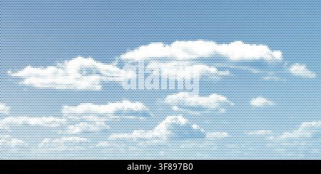 Halftone cloud sky on blue backdrop with pixelated texture vector illustration background. Stock Vector