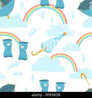 Umbrellas, rain boots, rain clouds, raindrops and rainbow seamless pattern for autumn fabric. Stock Vector