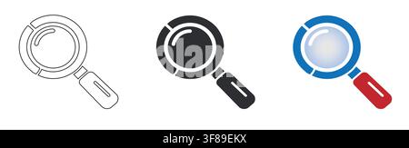Three distinct magnifying glass icons representing search and investigation, featuring outline and silhouette styles suitable for research, inspection Stock Vector