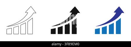 Set of three growth chart icons with upward trending arrows in outline black style, representing business growth, financial progress, analytics, succe Stock Vector