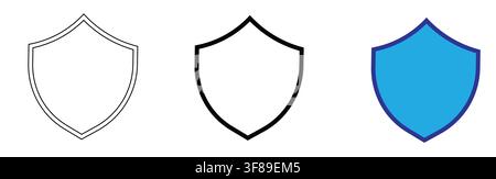 Three shield icon variations showing simple bold outline designs, representing protection, security, safety, privacy and defense concepts suitable for Stock Vector