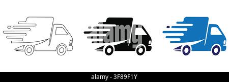 Set of three delivery truck icons showing motion, speed and transportation concepts, featuring simplified outline and solid designs isolated on a whi Stock Vector