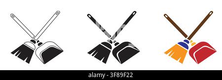 Collection of broom and dustpan icons in outline and solid black styles, featuring simple cleaning symbols suitable for housekeeping services, Stock Vector