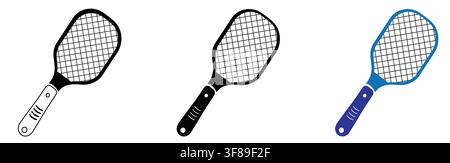 Set of three electric bug zapper racket icons in different styles, including black and white, solid black and blue rackets with black strings, isolate Stock Vector