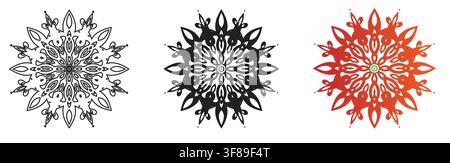 Three intricate mandala designs in black outline, solid black and red styles with green centers, featuring decorative symmetrical patterns suitable Stock Vector