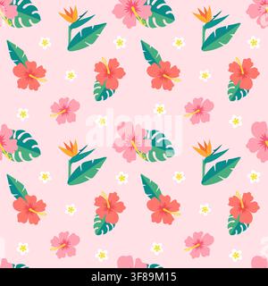 A tropical seamless pattern featuring pink hibiscus and strelitzia. A summery botanical background with green palm leaves. Stock Vector