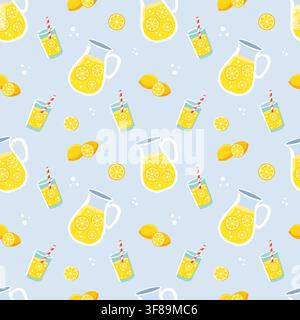 A seamless pattern featuring lemonade in a pitcher and a glass with a straw. A citrus drink with lemon wedges on a light blue background. Stock Vector