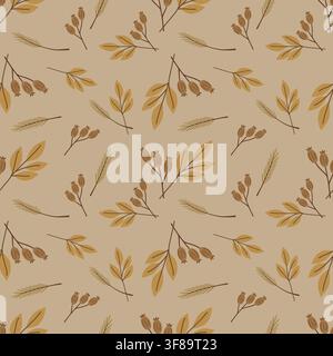An autumn seamless pattern featuring hand-drawn leaves and ears of wheat. A botanical illustration on a brown background. Stock Vector