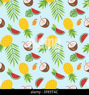 Seamless pattern with tropical fruit and palm leaf. Summer background with pineapple, watermelon, coconut cocktail and mango. Stock Vector