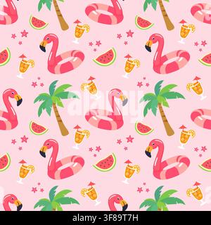 A cohesive summer-themed design featuring a pink flamingo, a tropical palm tree, a slice of watermelon, and a drink. Stock Vector