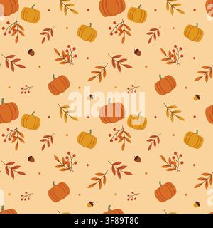 Seamless pattern with pumpkin, berry branch and acorn. Flat style illustration for Thanksgiving and autumn holiday background. Decorative wallpaper de Stock Vector