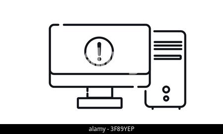 Desktop computer tower and monitor with exclamation mark alert symbol on screen vector icon. Stock Vector