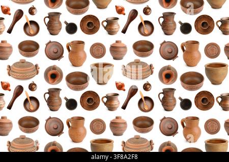 Various clay dishes from different angles isolated on white background. Seamless pattern. Stock Photo