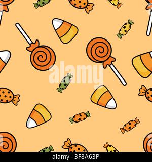 A continuous pattern featuring candy corn and lollipops on a beige background. Cartoon-style candy designs for Halloween celebrations. Stock Vector